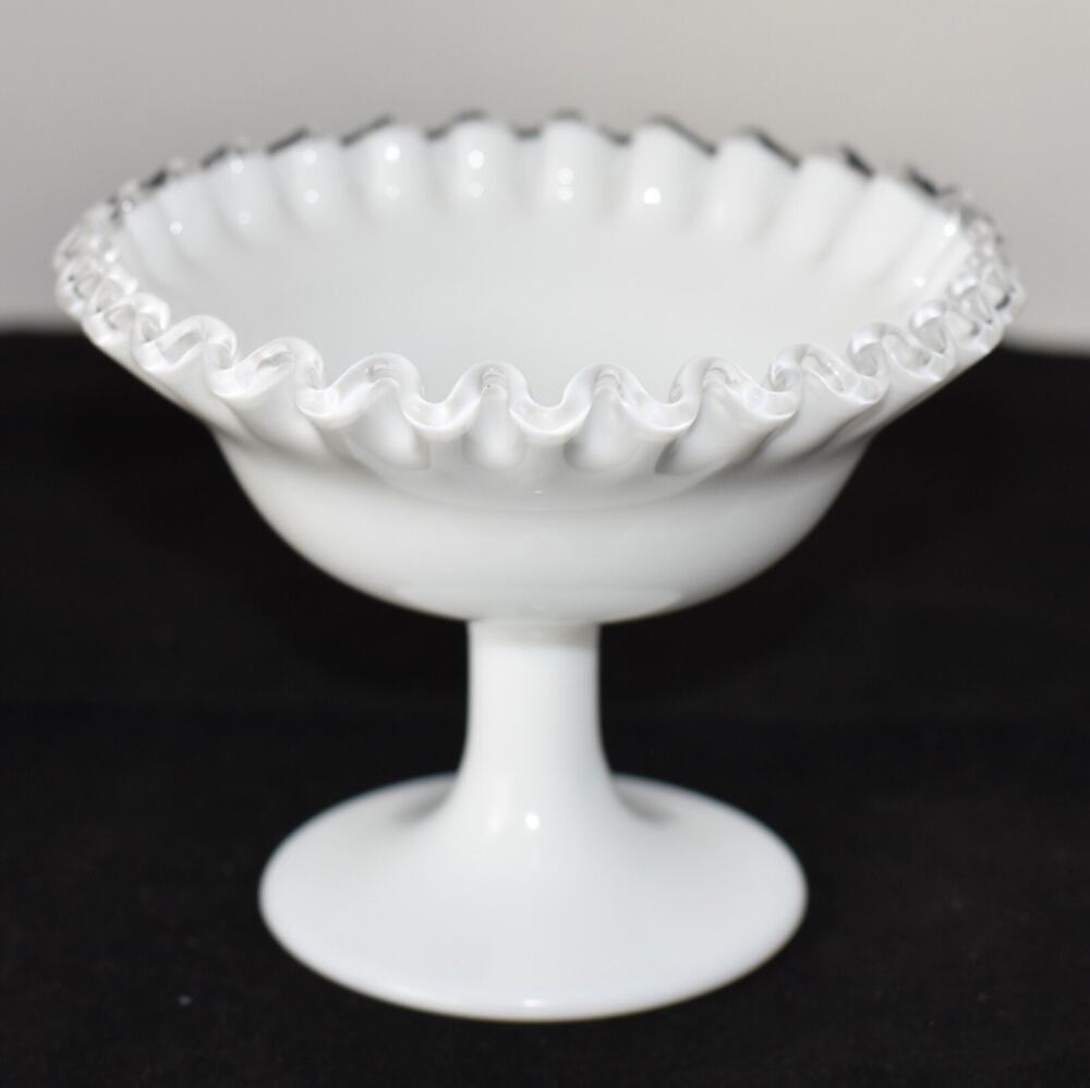 Fenton Silver Crest White Milk Glass Ruffled Edge Pedestal Compote Candy Dish